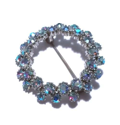 Vintage 1950`s Blue Aurora Borealis Rhinestone Wreath Brooch by Sphinx