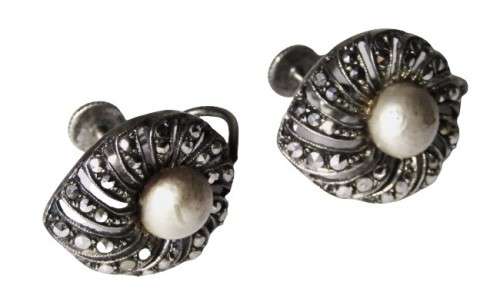 Vintage Art Deco 935 Sterling Silver and Marcasite Screw Back Earrings with Faux Pearls