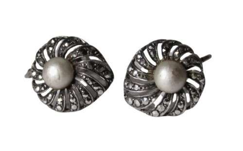 Vintage Art Deco 935 Sterling Silver and Marcasite Screw Back Earrings with Faux Pearls