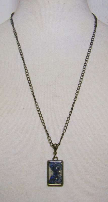 Vintage Antique Brass Tone Chain Necklace with Framed Butterfly Image set in resin