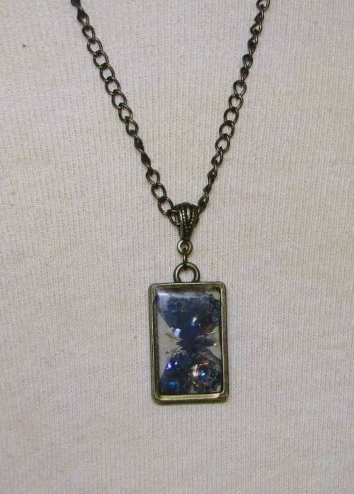 Vintage Antique Brass Tone Chain Necklace with Framed Butterfly Image set in resin