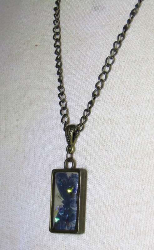 Vintage Antique Brass Tone Chain Necklace with Framed Butterfly Image set in resin