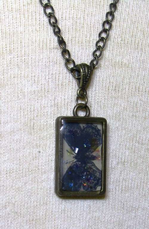 Vintage Antique Brass Tone Chain Necklace with Framed Butterfly Image set in resin