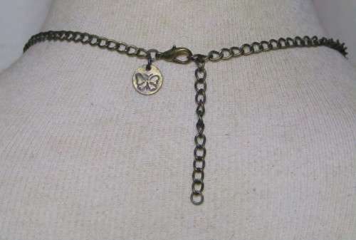 Vintage Antique Brass Tone Chain Necklace with Framed Butterfly Image set in resin