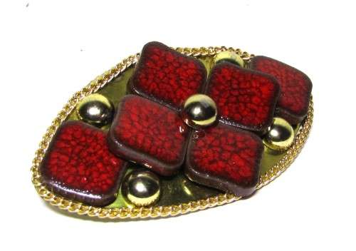 Vintage Gold Tone Belt Buckle with Red Ceramic Decoration