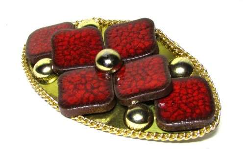 Vintage Gold Tone Belt Buckle with Red Ceramic Decoration