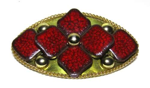 Vintage Gold Tone Belt Buckle with Red Ceramic Decoration