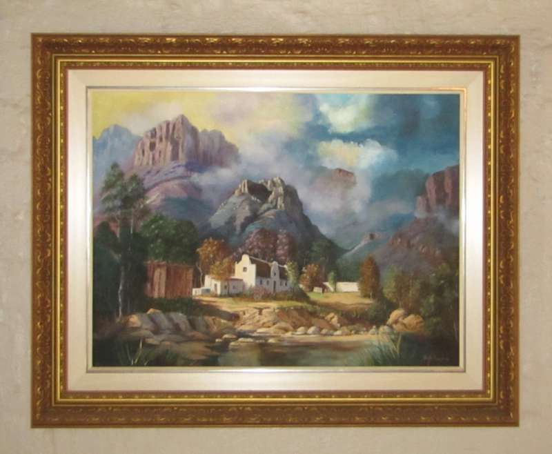 Cape Dutch House in Mountainous Landscape - Framed Oil on board signed Hetta Beyers