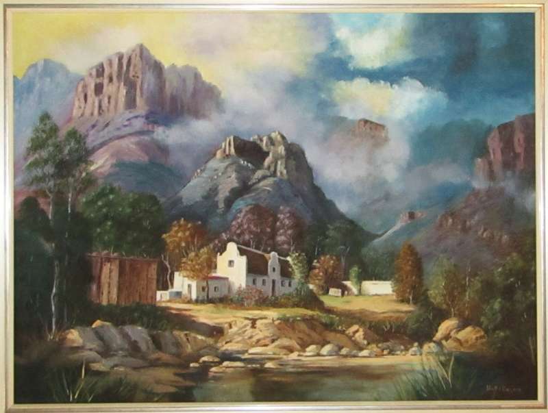 Cape Dutch House in Mountainous Landscape - Framed Oil on board signed Hetta Beyers
