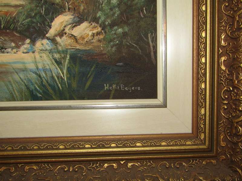 Cape Dutch House in Mountainous Landscape - Framed Oil on board signed Hetta Beyers