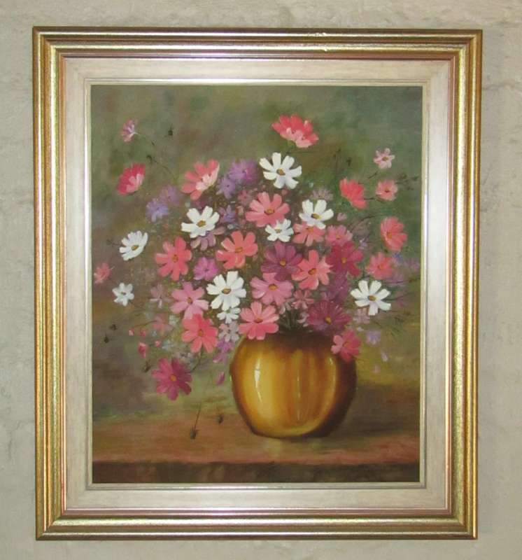 Vase of Cosmos Still life - Framed Oil on board signed Hetta Beyers