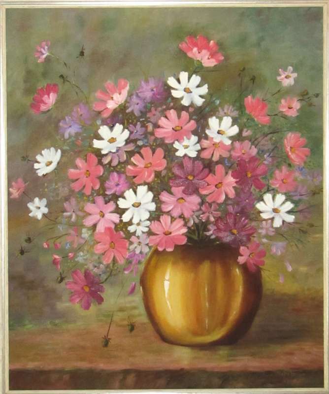 Vase of Cosmos Still life - Framed Oil on board signed Hetta Beyers