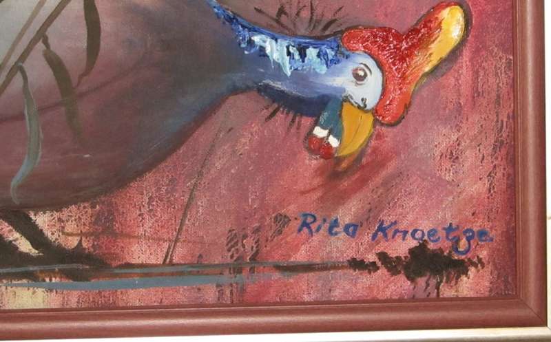 Guinea Fowl - Framed Acrylic on board signed Rita Knoetze