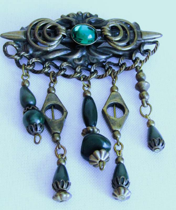 Vintage Antique Brass tone with emerald green stones