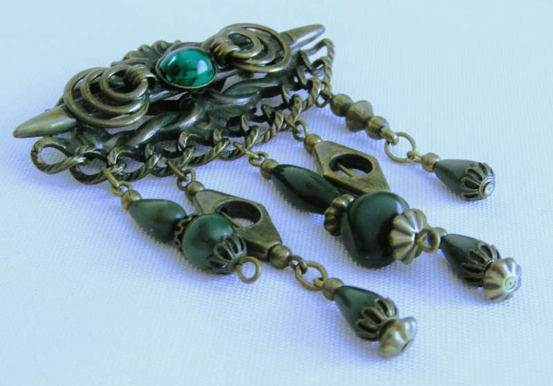 Vintage Antique Brass tone with emerald green stones