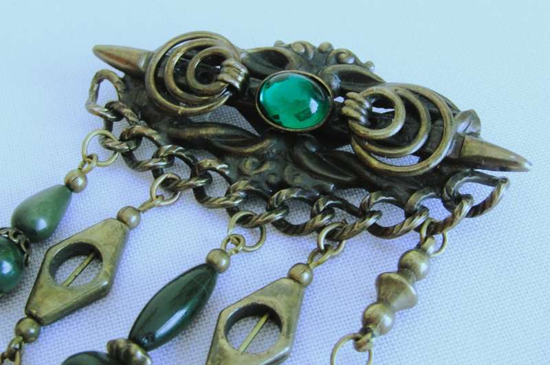 Vintage Antique Brass tone with emerald green stones