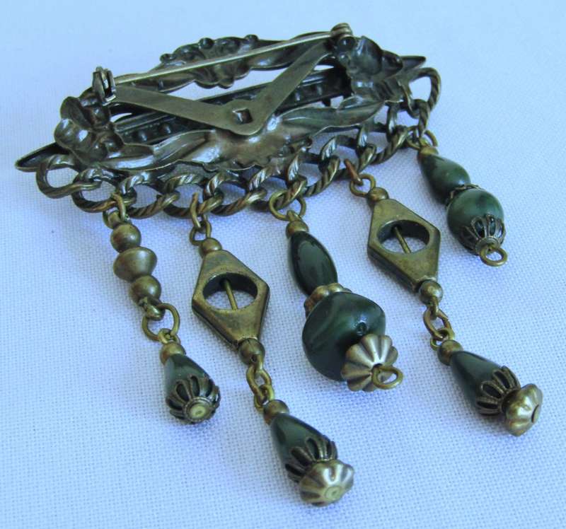 Vintage Antique Brass tone with emerald green stones