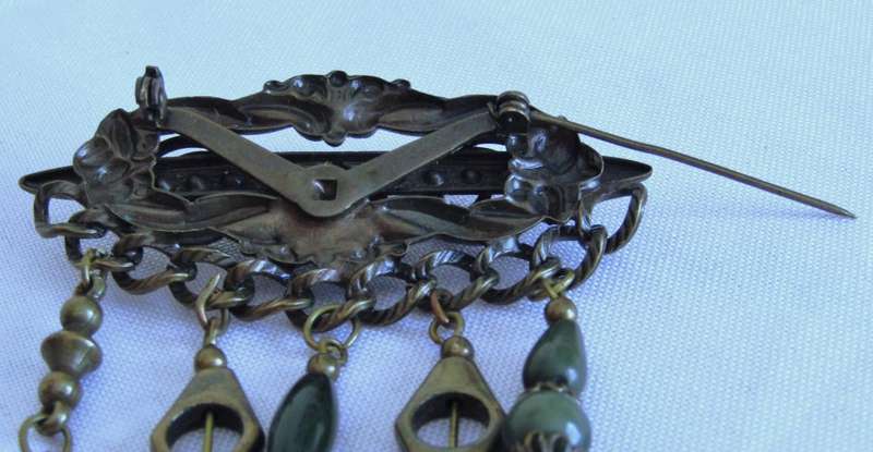 Vintage Antique Brass tone with emerald green stones