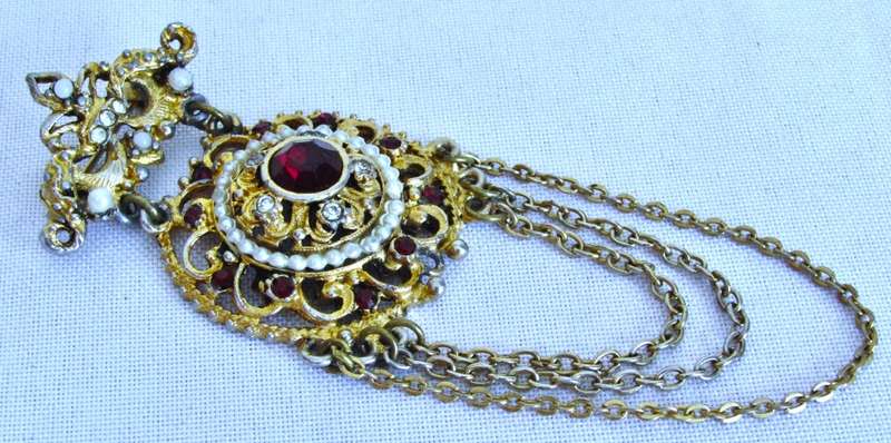 Vintage Gold tone, Ruby and Clear Faceted Crystal & Faux Seed Pearl Brooch Pin