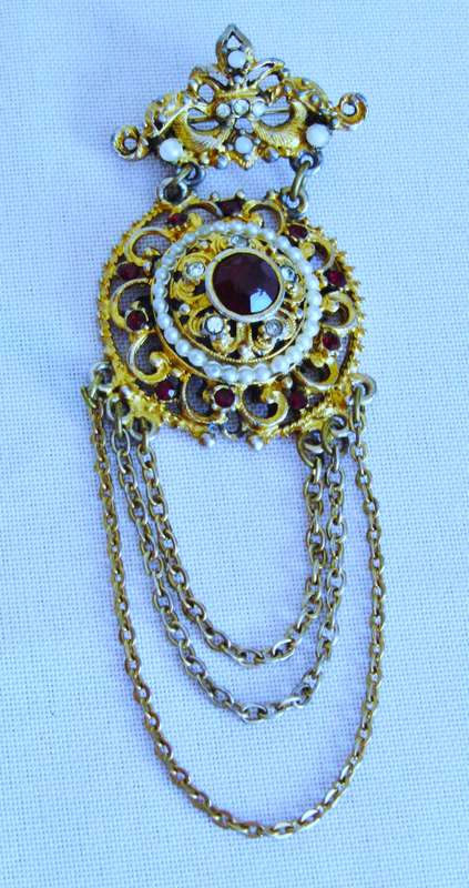 Vintage Gold tone, Ruby and Clear Faceted Crystal & Faux Seed Pearl Brooch Pin