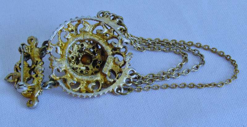 Vintage Gold tone, Ruby and Clear Faceted Crystal & Faux Seed Pearl Brooch Pin