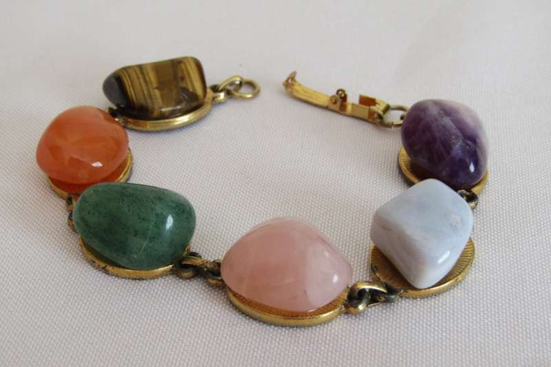 Vintage gilt link bracelet with genuine semi precious stones