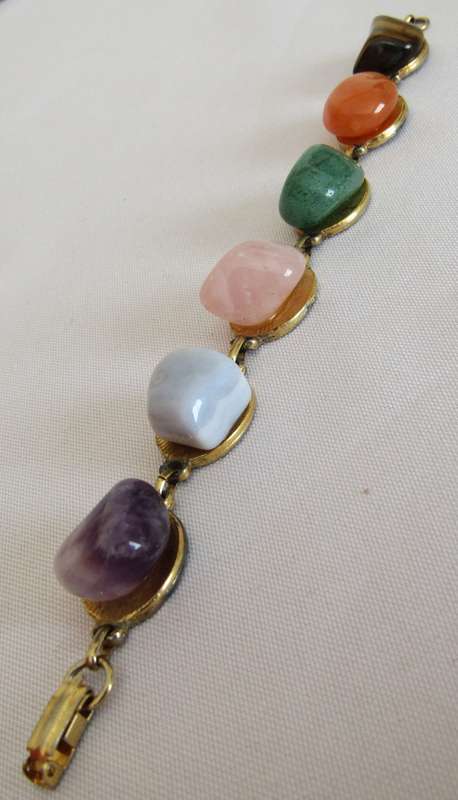 Vintage gilt link bracelet with genuine semi precious stones