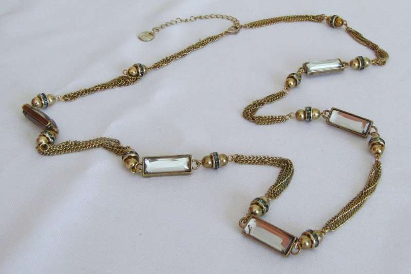 Vintage designer gold tone and faceted crystal bead necklace signed `d`