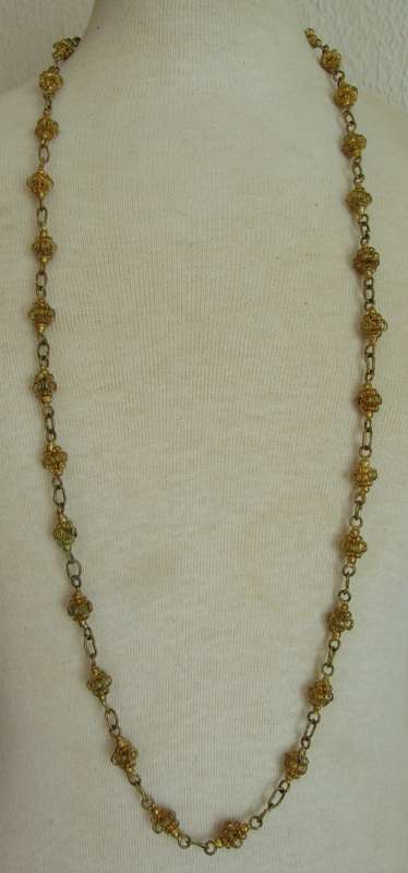 Vintage 1940s gilt brass wire basket bead necklace