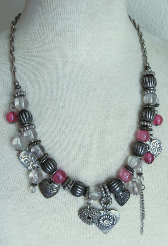 Vintage silver tone, clear and pink glass beads and charms necklace
