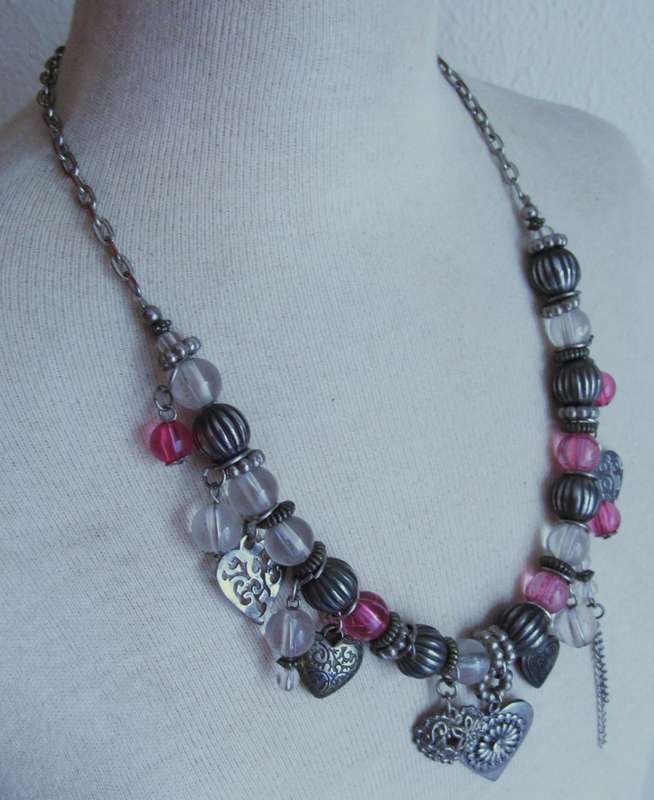 Vintage silver tone, clear and pink glass beads and charms necklace