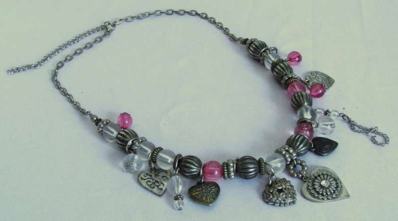 Vintage silver tone, clear and pink glass beads and charms necklace