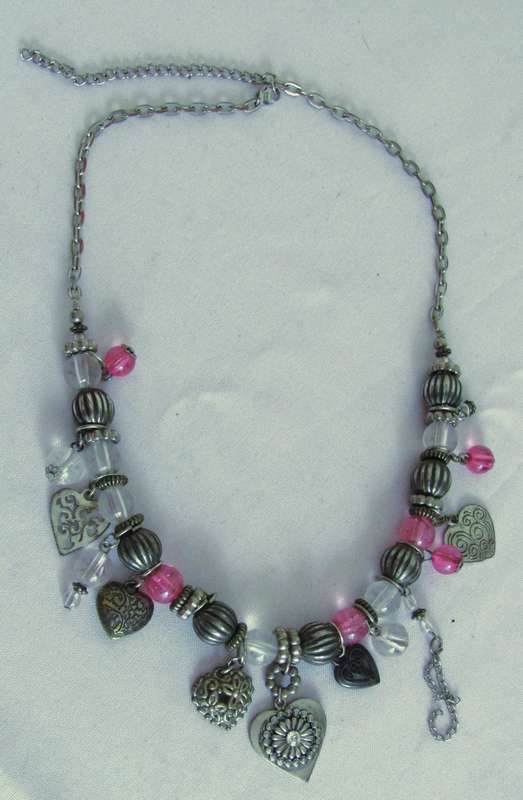 Vintage silver tone, clear and pink glass beads and charms necklace