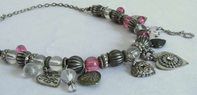 Vintage silver tone, clear and pink glass beads and charms necklace
