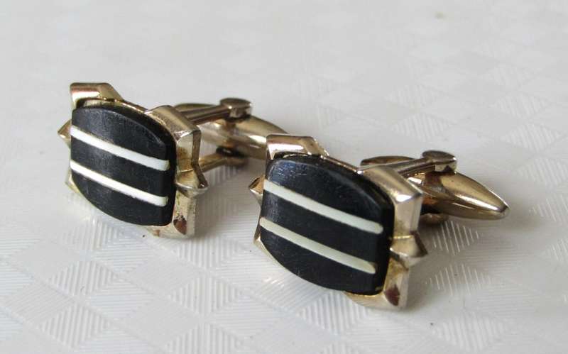 Vintage gold tone simulated onyx with mother of pearl inlay cufflinks