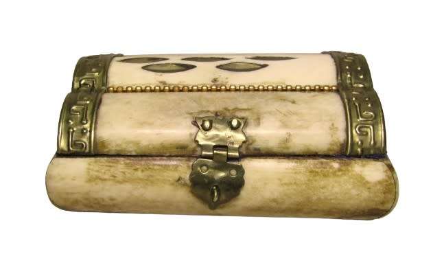 Vintage Camel Bone Trinket/Jewellery box with Brass Hardware and Purple Felt lining Made in India