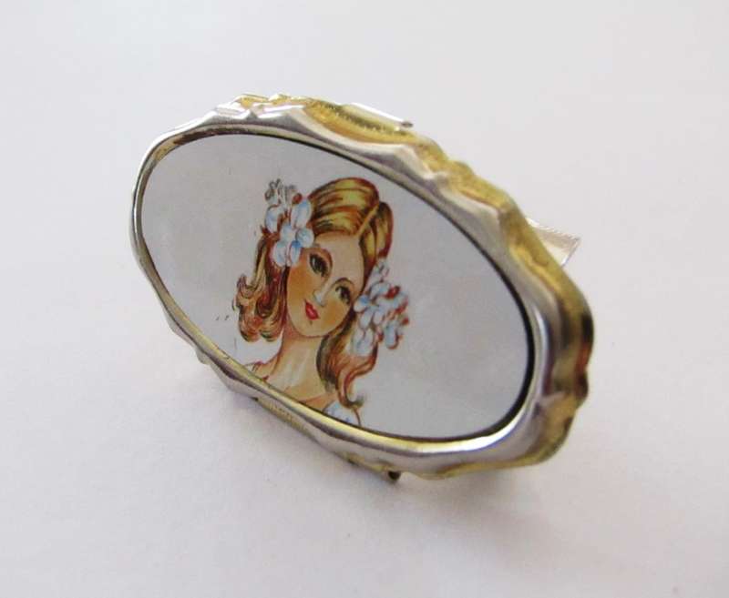 Vintage Gilt Metal Lipstick Compact with Mirror and portrait of a girl c1960