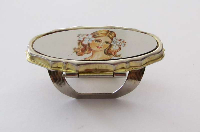 Vintage Gilt Metal Lipstick Compact with Mirror and portrait of a girl c1960