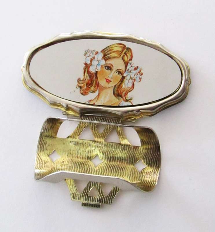 Vintage Gilt Metal Lipstick Compact with Mirror and portrait of a girl c1960