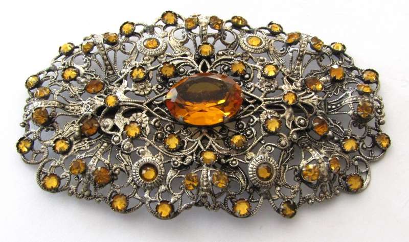 Czech Edwardian Filigree Brooch pin with Amber Topaz Faceted Glass Stones c1910