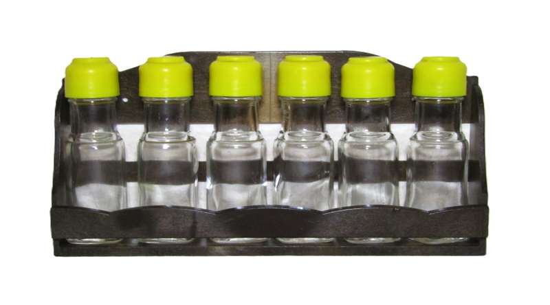 Mid century modern wooden spice rack with 6 glass jars