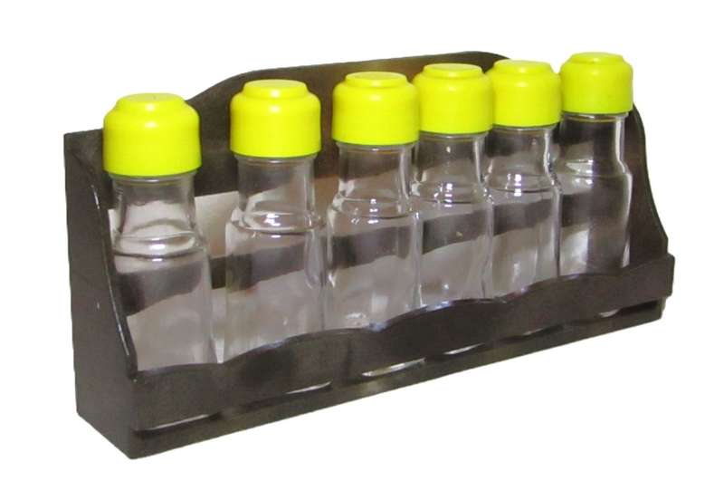 Mid century modern wooden spice rack with 6 glass jars