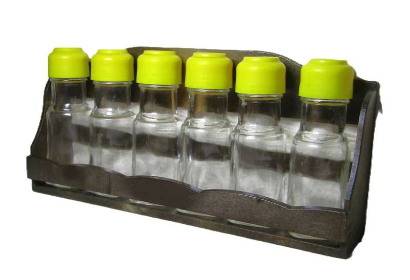 Mid century modern wooden spice rack with 6 glass jars
