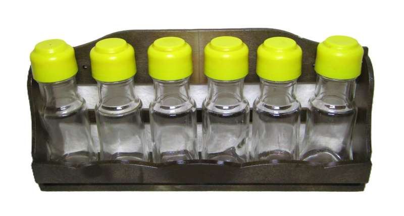 Mid century modern wooden spice rack with 6 glass jars