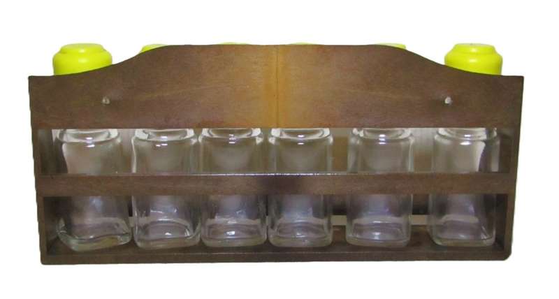Mid century modern wooden spice rack with 6 glass jars