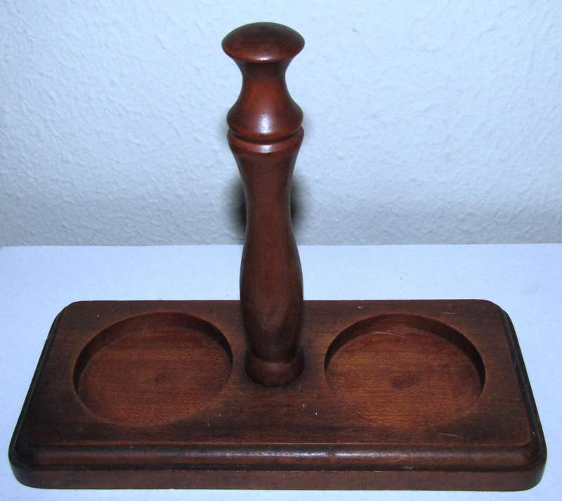 Retro 1970s Handled Ceramic Salt and Pepper Shakers on Wooden stand made in Japan