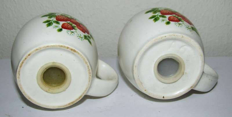 Retro 1970s Handled Ceramic Salt and Pepper Shakers on Wooden stand made in Japan