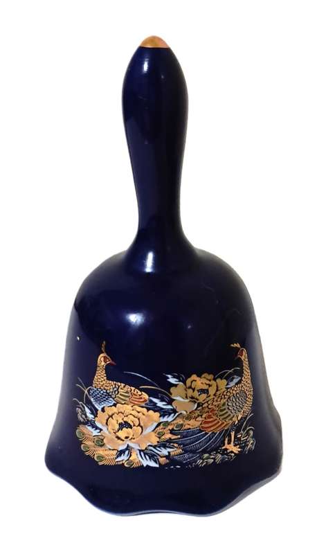 Vintage Japanese made Cobalt Blue Porcelain Hand Bell with Pheasant & Lotus Flower Decoration