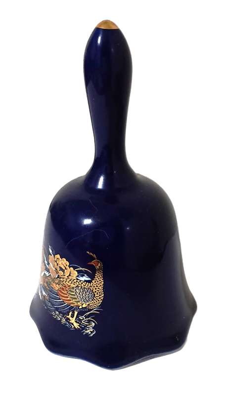 Vintage Japanese made Cobalt Blue Porcelain Hand Bell with Pheasant & Lotus Flower Decoration