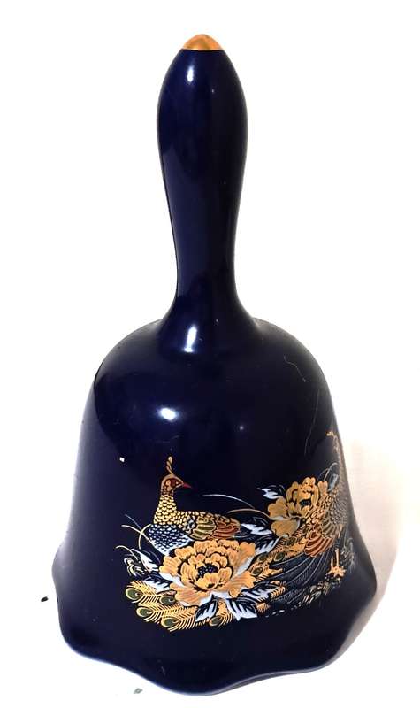 Vintage Japanese made Cobalt Blue Porcelain Hand Bell with Pheasant & Lotus Flower Decoration